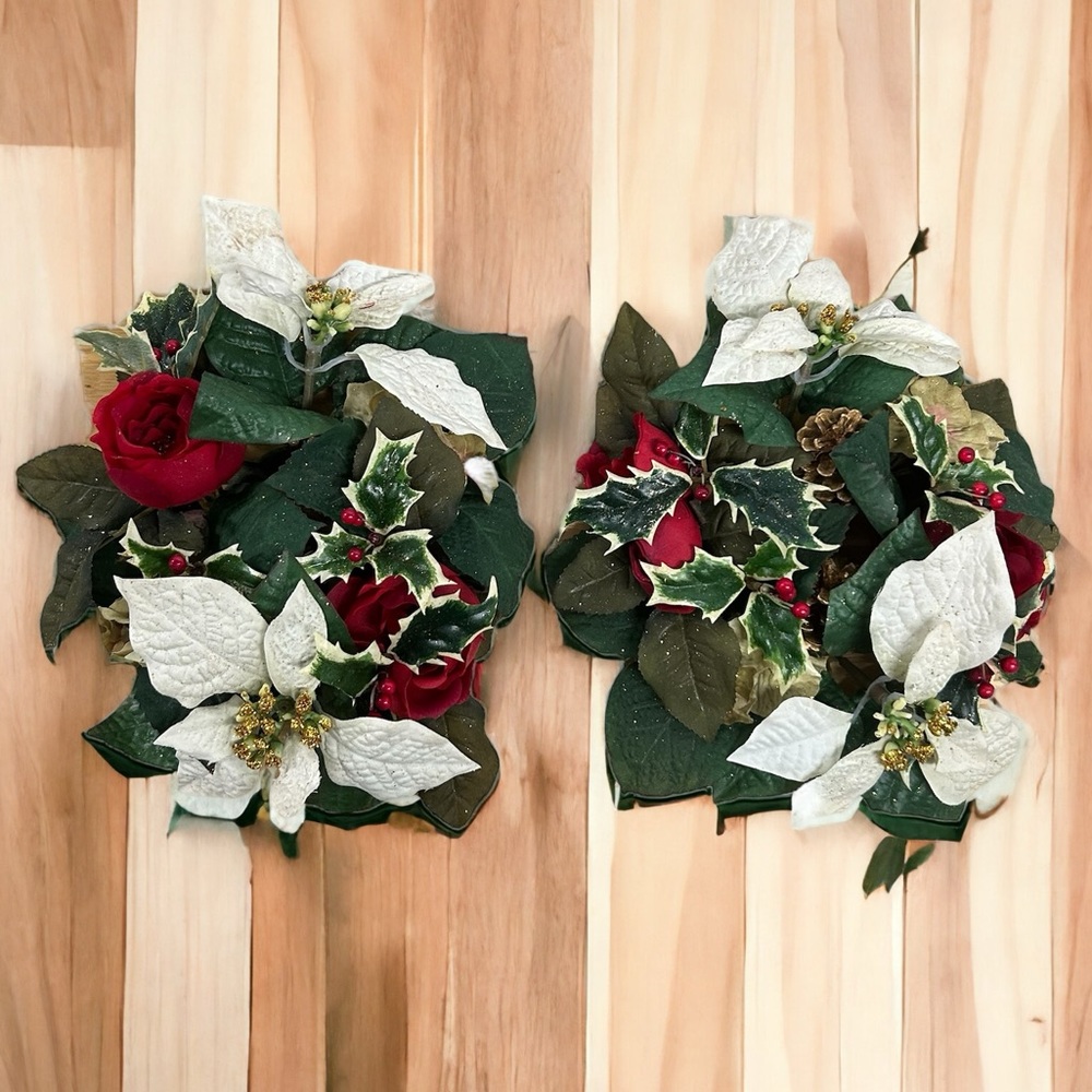 2 Floral Rings Christmas Holy Rose Pine Cone Candle Votive Centerpiece Flowers